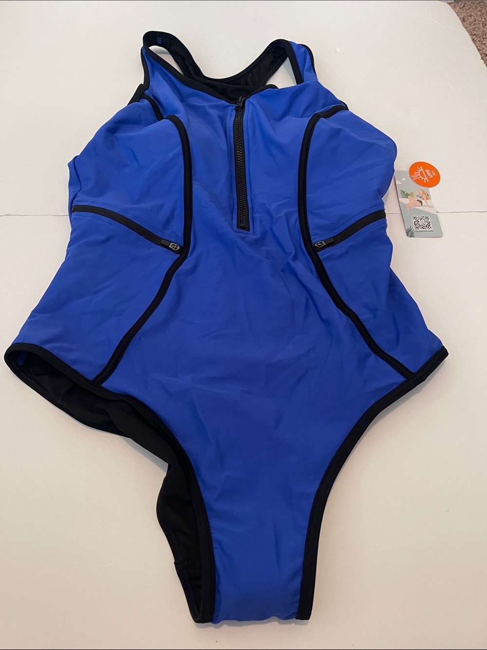 New! Womens Blue One-Piece Swimsuit with Front Zip & UPF 50+